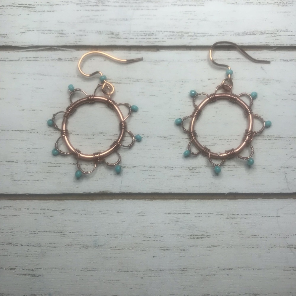 Copper &bead, handmade, flower, earrings for women. Dangly wire wrapped pendants